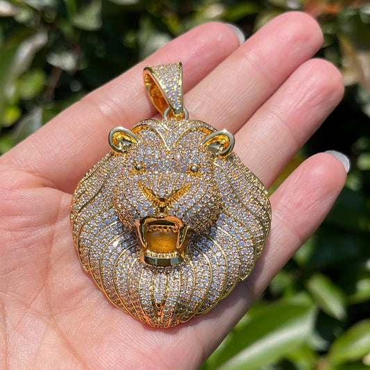 Bubble Letter Iced Out Lion Head Necklace Prong Pendant Cubic Zirconia Real Gold Plated Hip Hop Jewelry