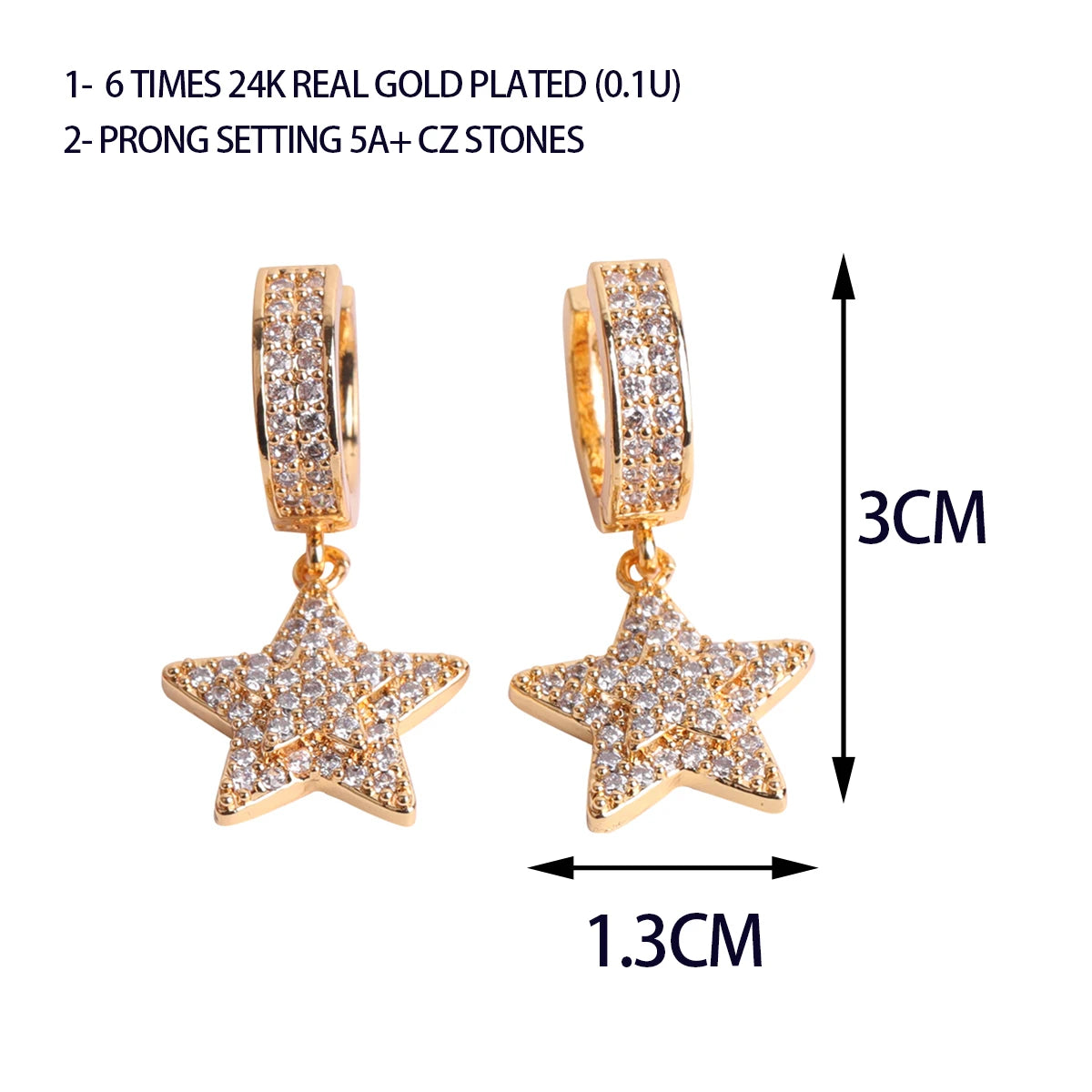 Bubble Letter Iced Out Women Earrings Star Real Gold Plated Hip Hop Jewelry