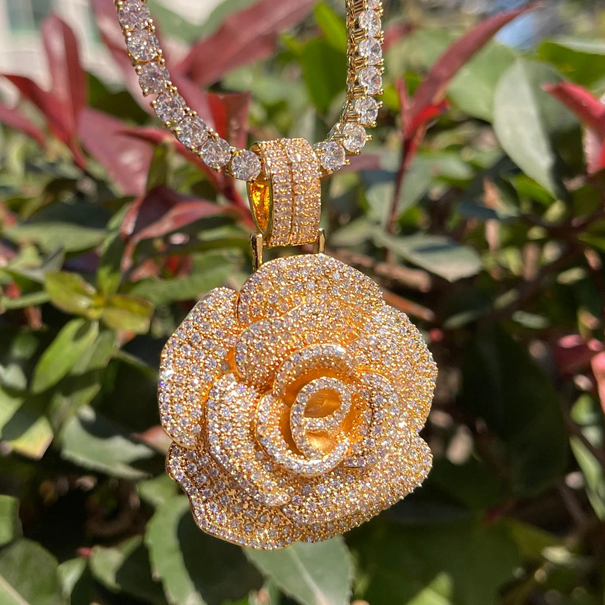 Bubble Letter Iced Out Pendant Rose Flower Necklace for Women Hip Hop Charms Cubic Zircon Fashion Jewery Gold Color