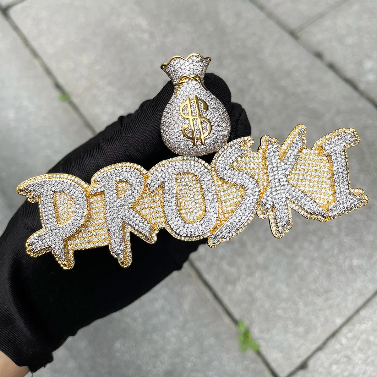 Bubble Letter Jewelry Custom Name Necklace Solid Base Iced Out Personalized Pendants Money Bag Bail  Real Gold Plated Hip Hop