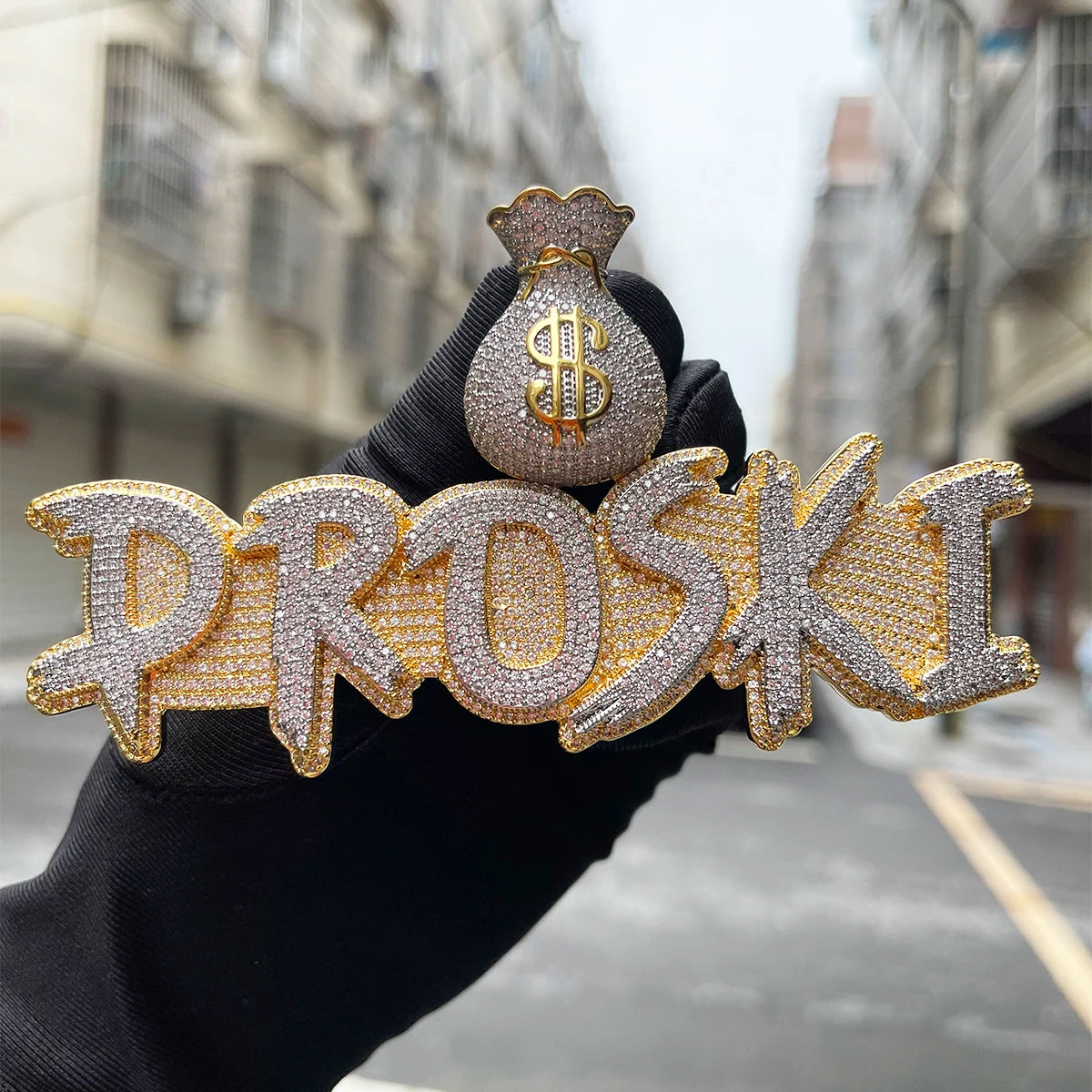 Bubble Letter Jewelry Custom Name Necklace Solid Base Iced Out Personalized Pendants Money Bag Bail  Real Gold Plated Hip Hop