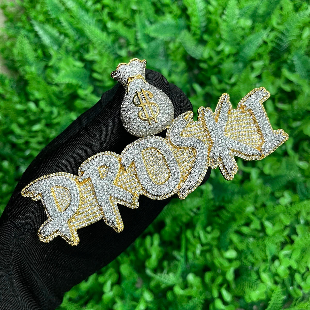 Bubble Letter Jewelry Custom Name Necklace Solid Base Iced Out Personalized Pendants Money Bag Bail  Real Gold Plated Hip Hop