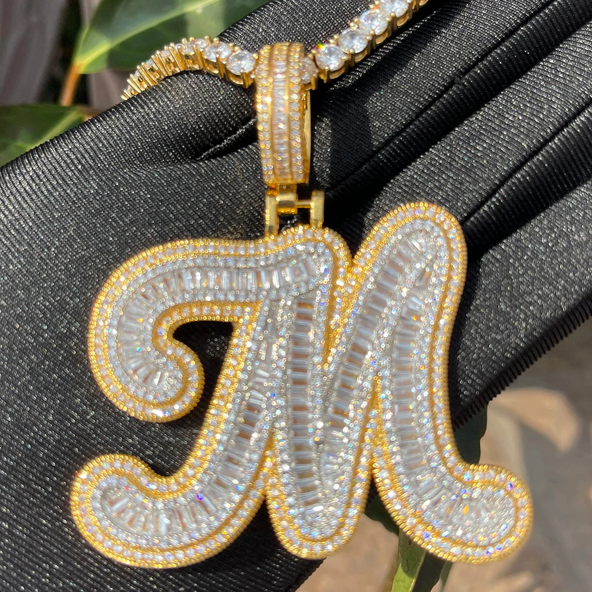 Bubble Letter Cursive Baguette Initial Jewelry Iced Out Prong Setting Pendant Personalized Name Plates Necklace for Women