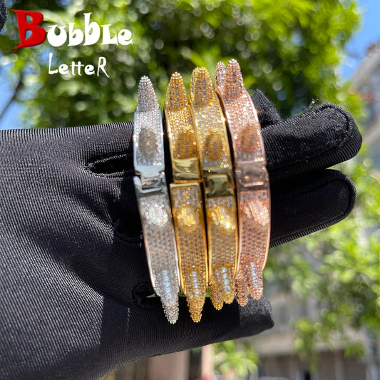 Bubble Letter Rivet Spiked Bangle Copper Material Full Zircon Hip Hop Iced Out Bracelet Rock Punk Jewelry 2022 Trend Free Ship