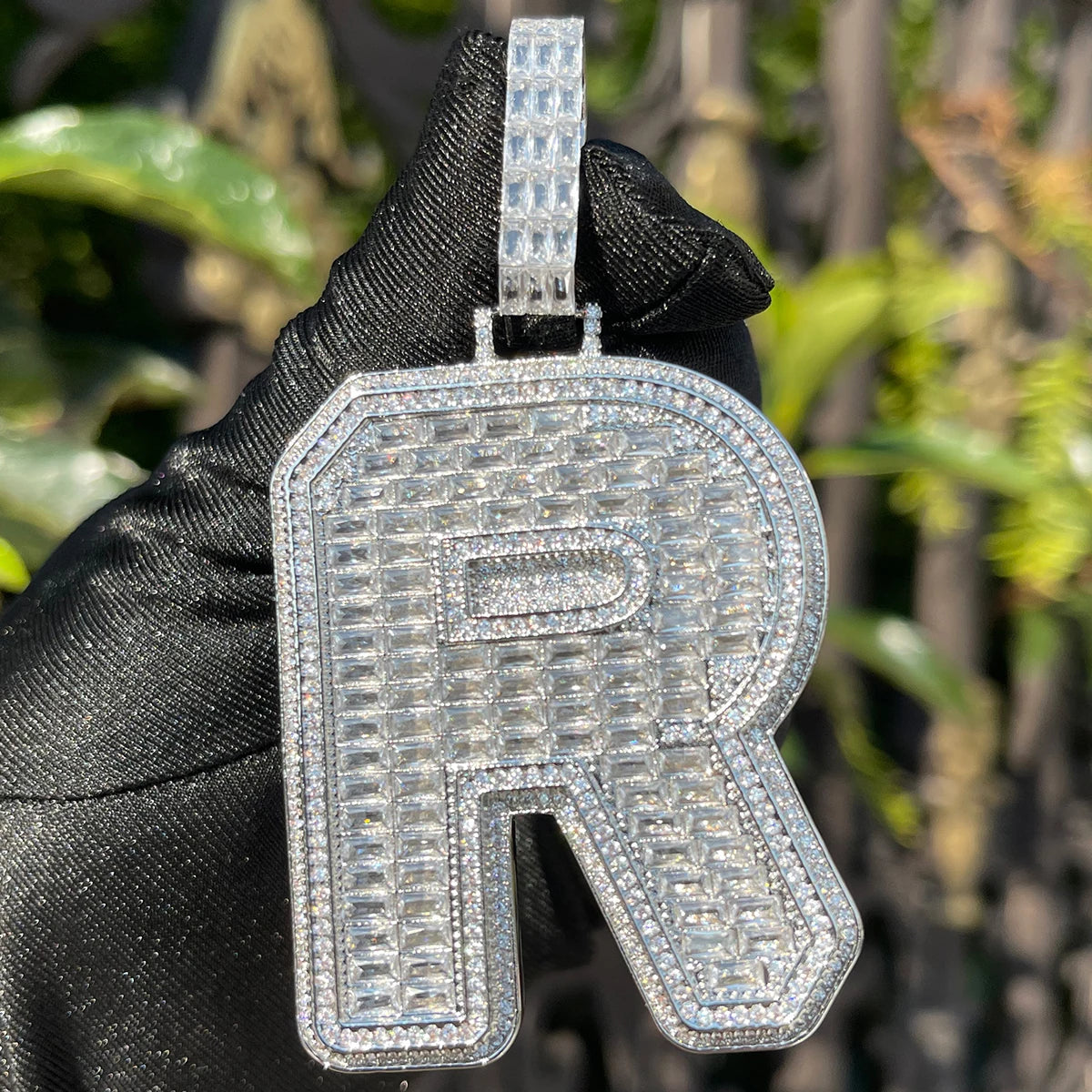 Bubble Letter A~Z Single Baguette Initial Necklace for Men Iced Out Pendant Solid Back Two Layers Charms Bling Hip Hop Jewelry