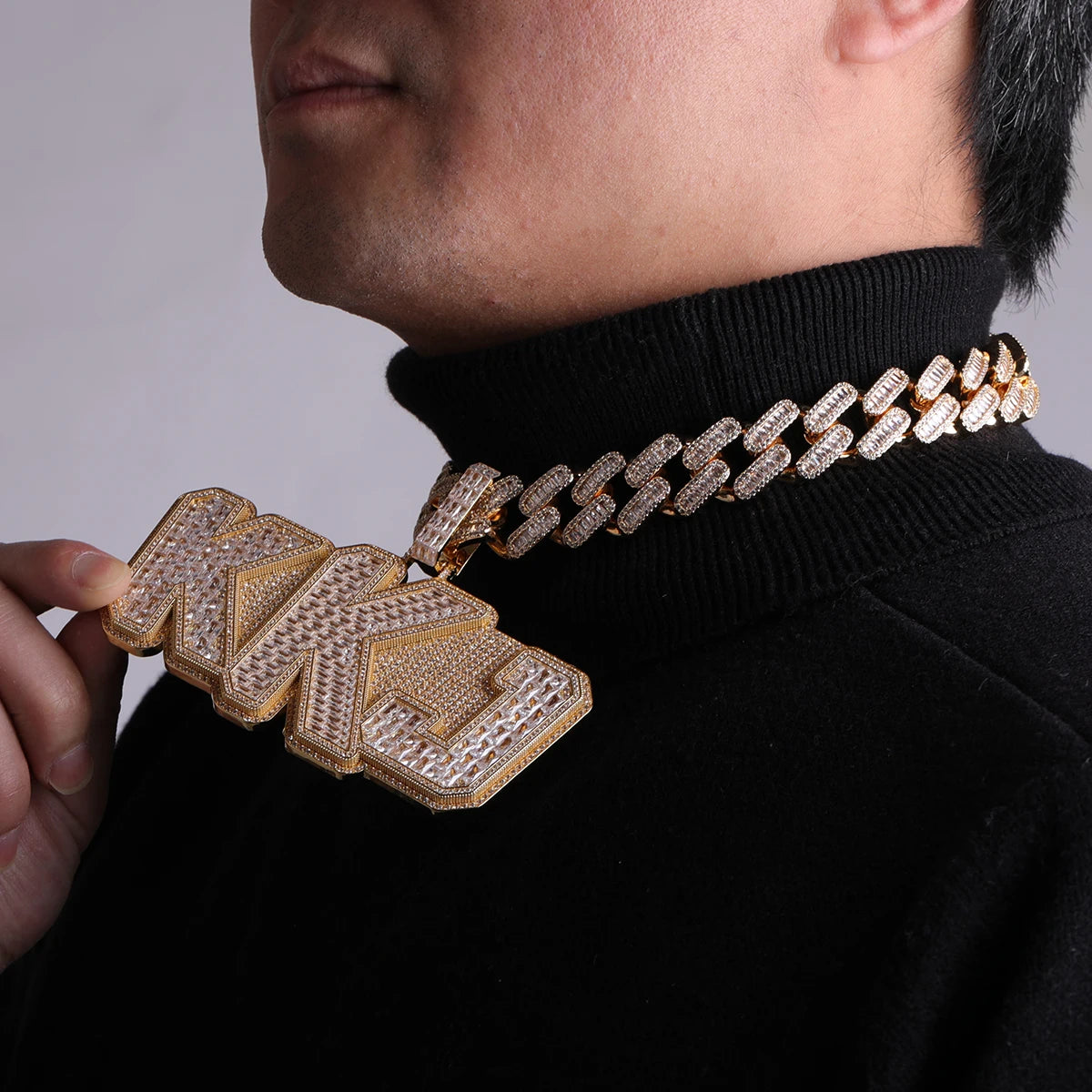 Bubble Letter Big Siamese  Baguette Necklace Custom Name Chain for Men Iced Out Pendant  Hip Hop Rock Rapper Jewelry