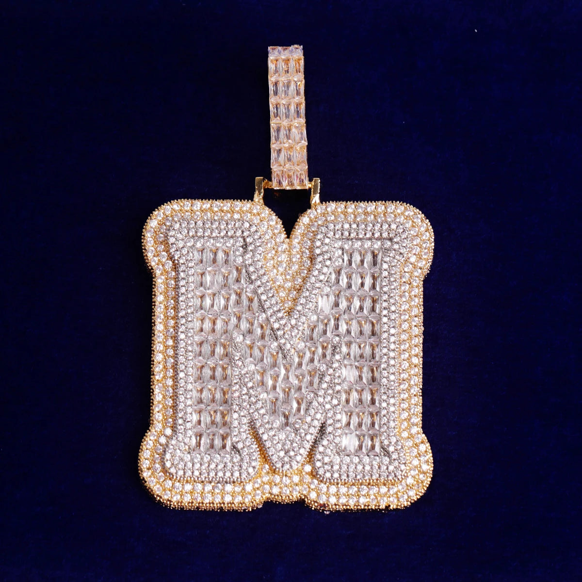 Bubble Letter A~Z Single Baguette Initial Necklace for Men Iced Out Pendant Hip Hop Rock Rapper Jewelry