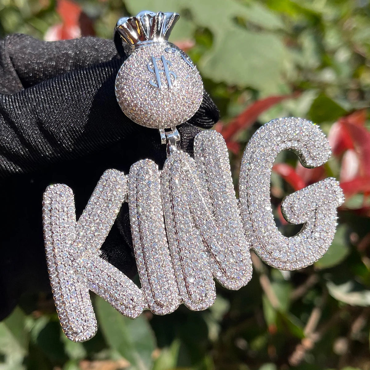 Bubble Letter Custom Name Necklace for Men Money Bag Bail Iced Out Personalized Pendant Prong Setting Hip Hop Jewelry