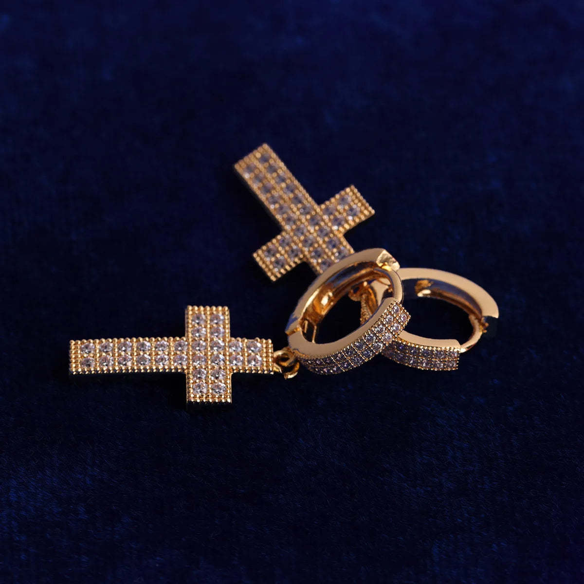 Bubble Letter Cross Earrings for Men Iced Out Charms Real Gold Plated Hip Hop Jewelry