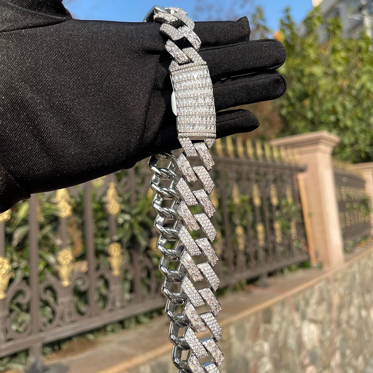 Bubble Letter Baguette 20MM Cuban Link Chain for Men Iced Out Choker Necklace Prong Setting Cubic Zirconia Hip Hop Jewelry