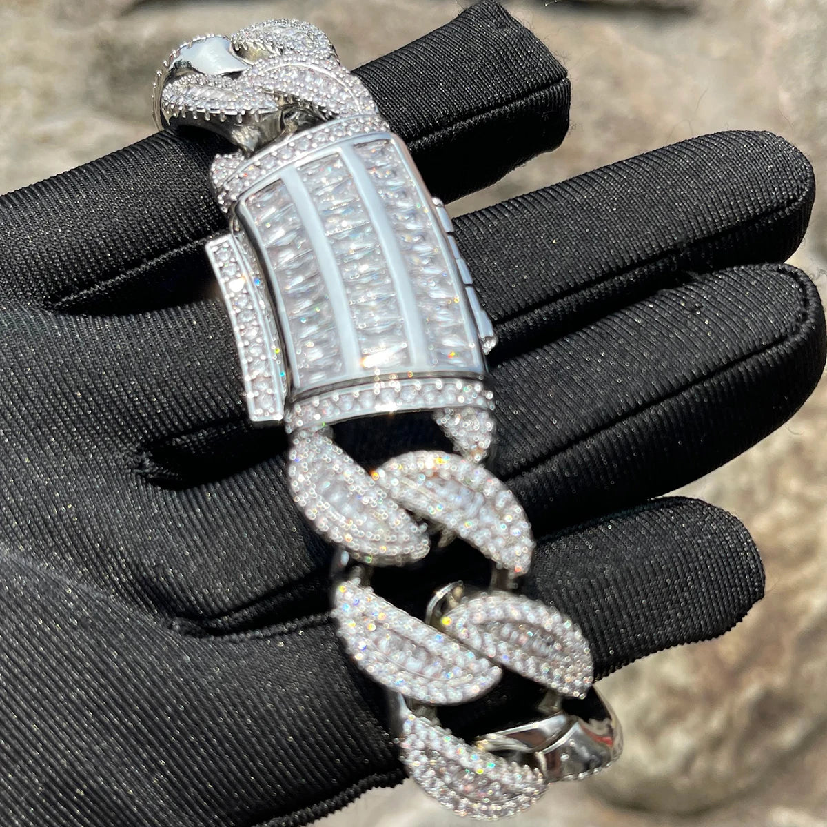 Bubble Letter Baguette Cuban Link Bracelet for Men Iced Out Prong Setting Necklace Choker Real Gold Plated Hip Hop Jewelry