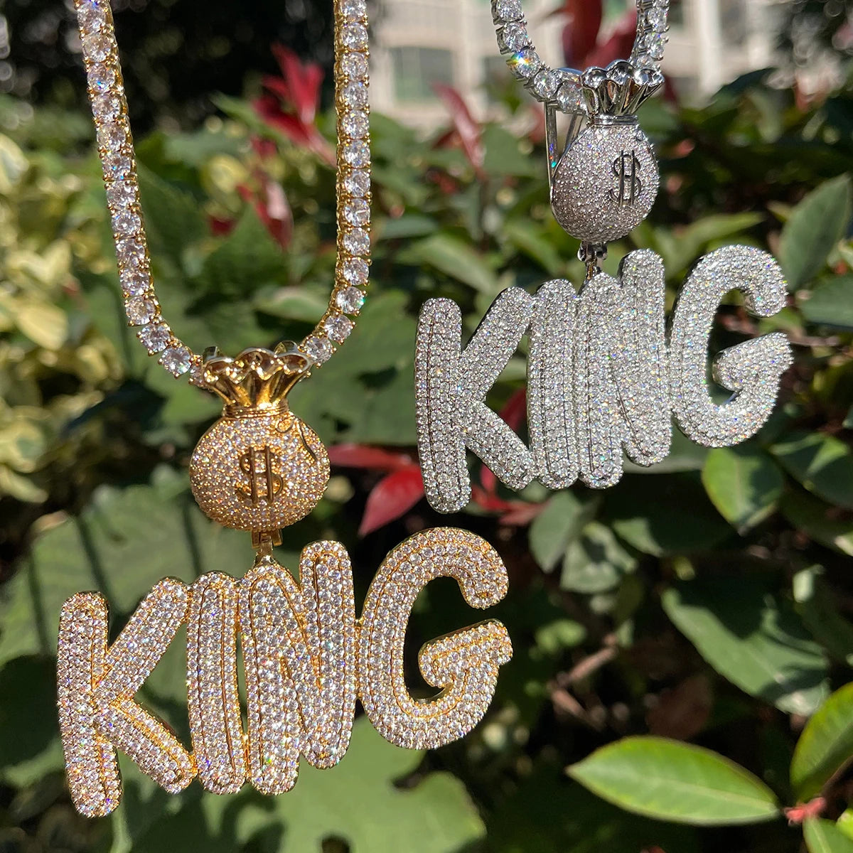 Bubble Letter Custom Name Necklace for Men Money Bag Bail Iced Out Personalized Pendant Prong Setting Hip Hop Jewelry