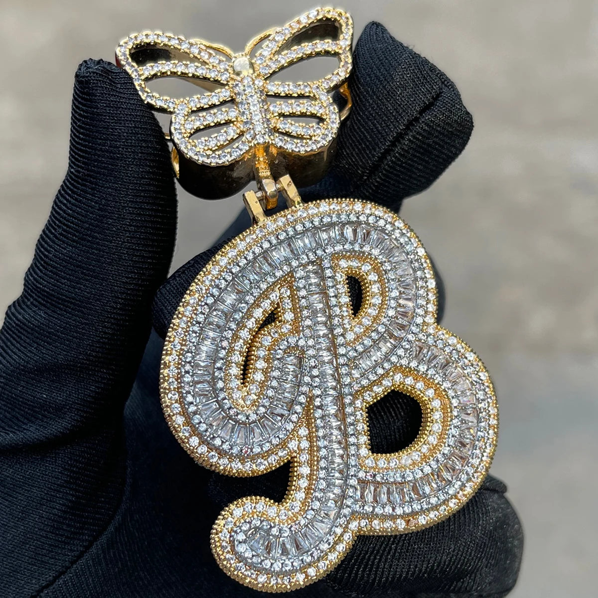 Bubble Letter Initial Necklace for Women Iced Out Baguette Pendant Cursive Prong Setting Butterfly Bail Hip Hop Jewelry