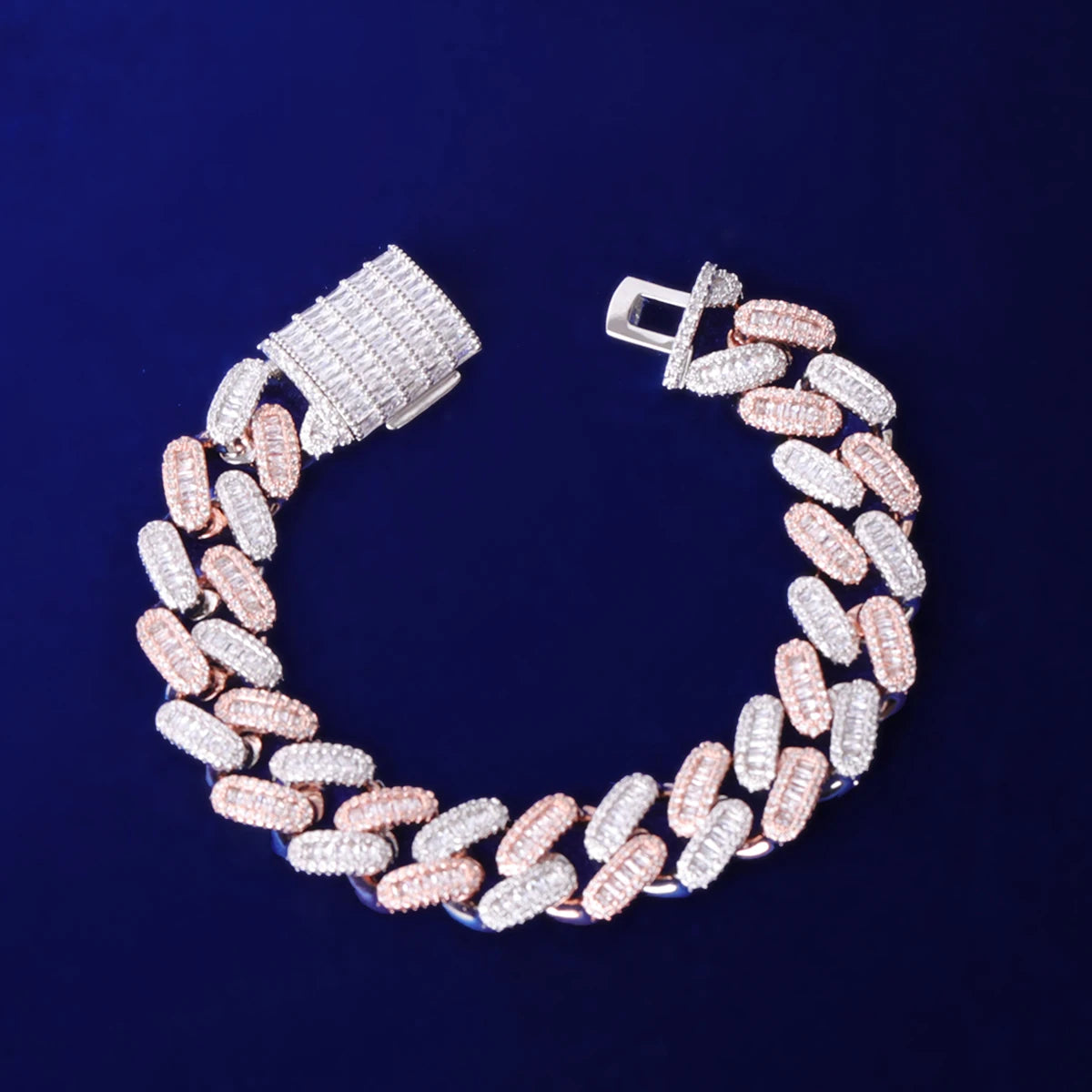 Bubble Letter Iced Out 15mm Miami Cuban Link Bracelet for Men Micro Pave Prong Setting Baguette Charms Hip Hop Jewelry