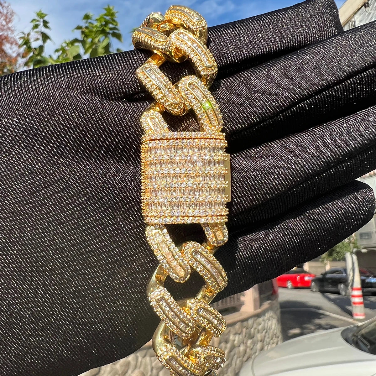 Bubbble Letter Baguette Cuban Link Bracelet forMen Real Gold Plated Micro Pave Prong Setting Copper Cubic Zircon Hip Hop Jewelry