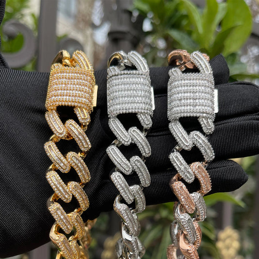 Bubble Letter Baguette Miami Cuban Link Chain for Men Prong Setting Choker Necklace Cubic Zirconia Two Tone Hip Hop Jewelry