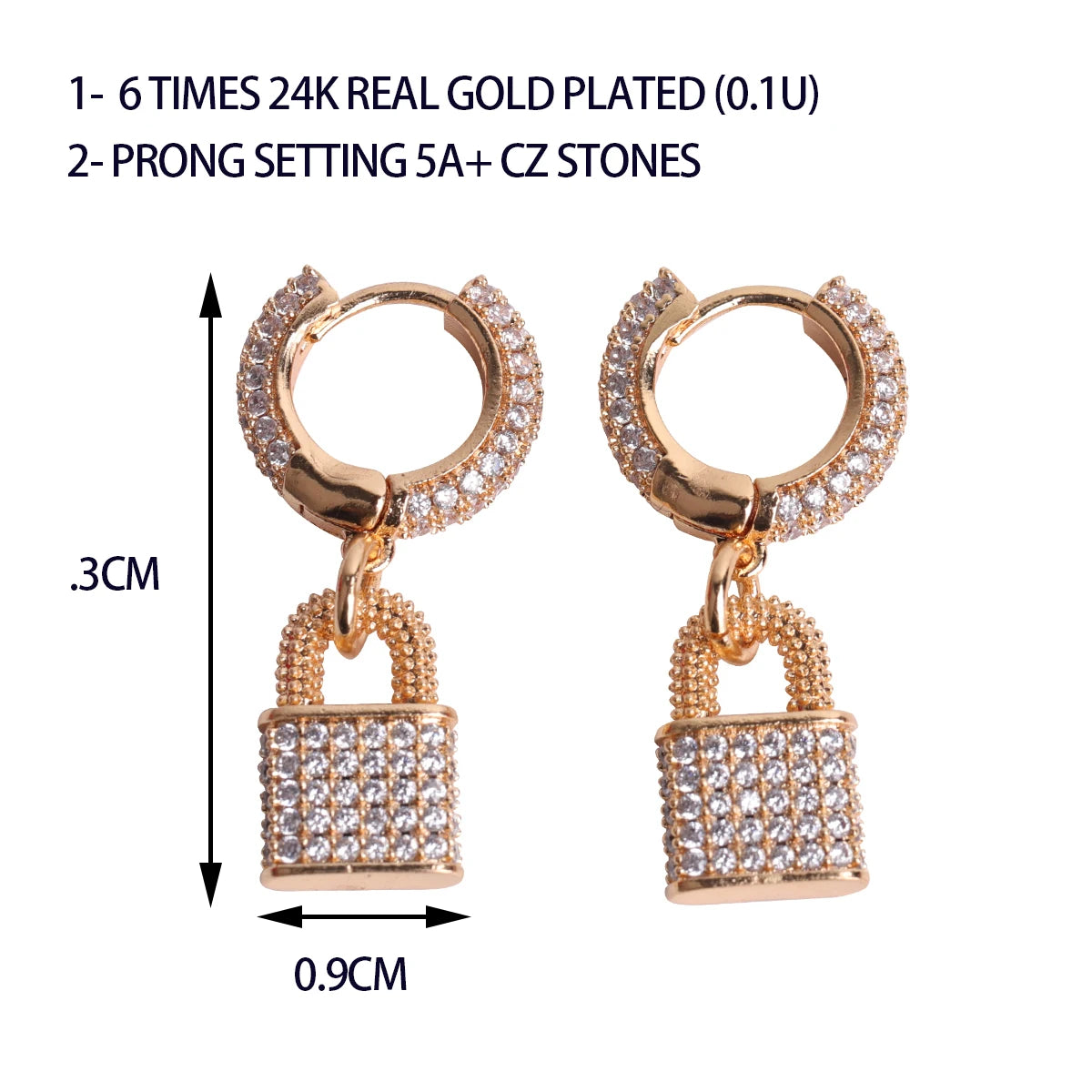 Bubble Letter Lock Stud Earring for Men Iced Out Bling Real Gold Plated Hip Hop Jewelry