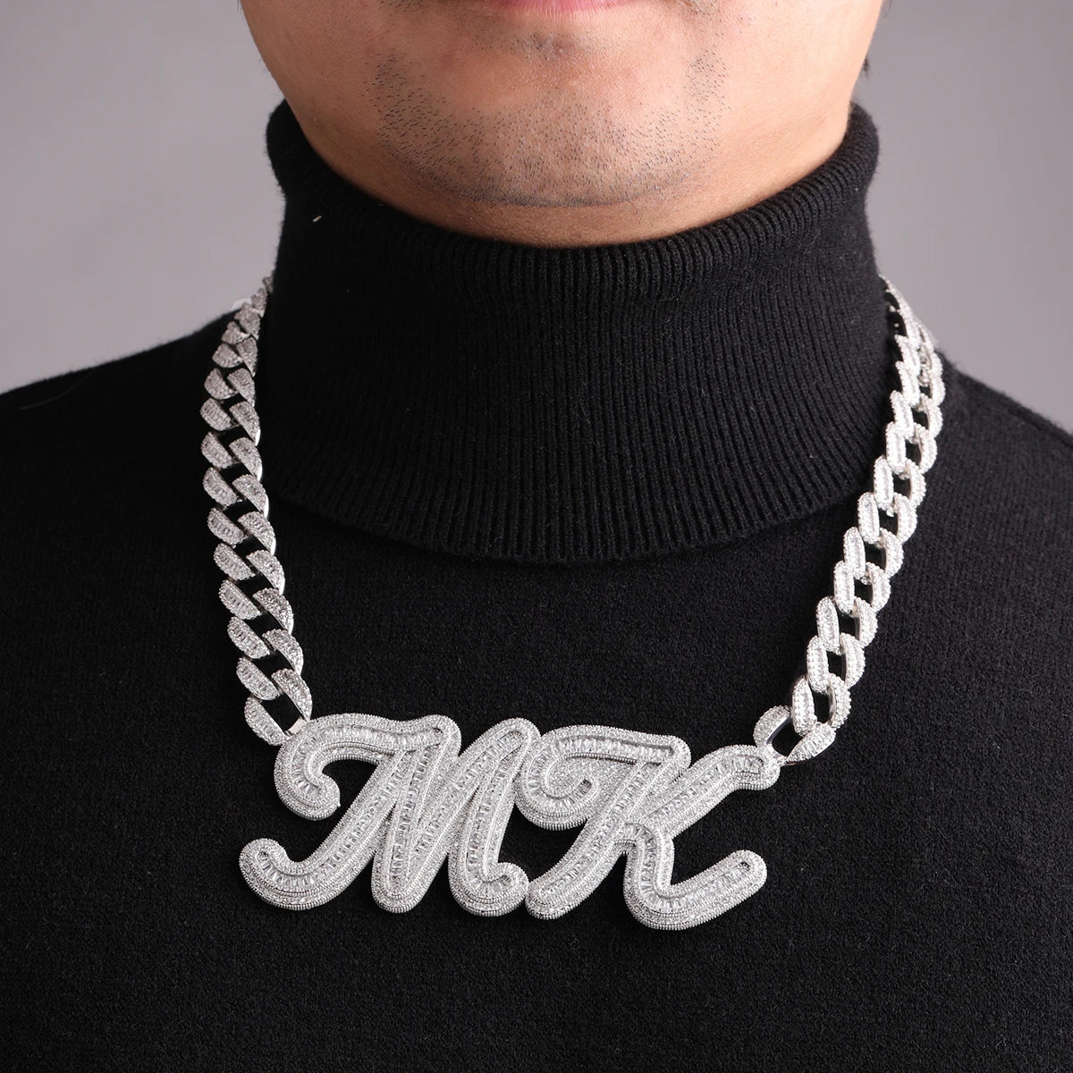 Bubble Letter Custom Pendant Baguette Name Plate Necklace Personalized Iced Out Cursive Hip Hop Jewelry