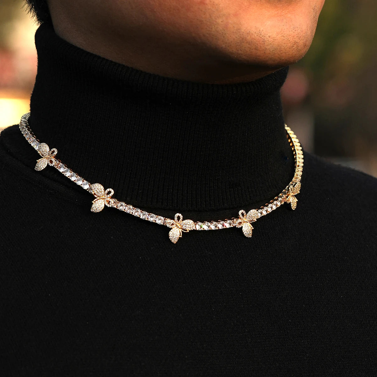 Bubble Letter Butterfly Tennis Chain for Women Choker Iced Out Charms Hip Hop Jewelry