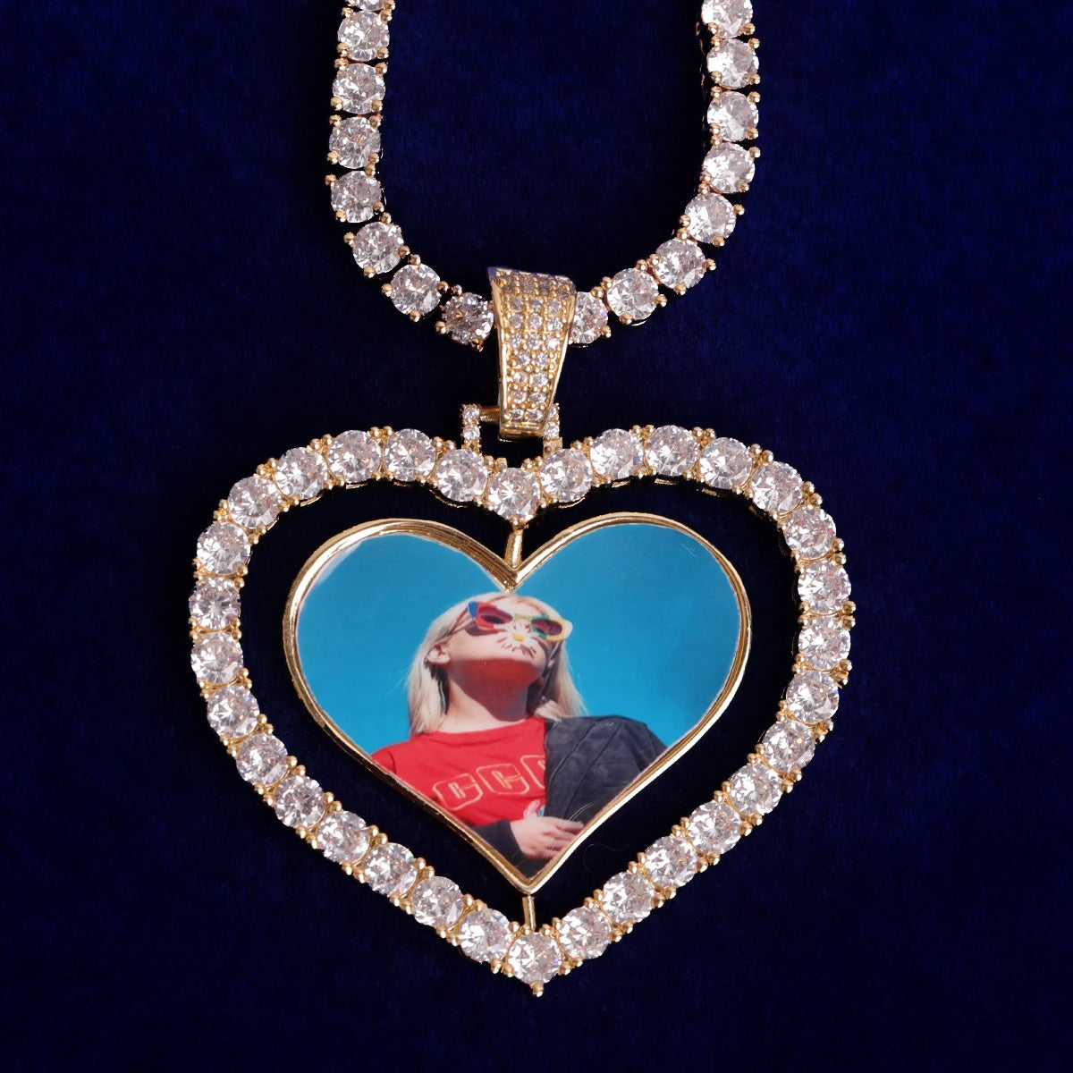 Bubble Letter Customized Picture Pendant Big Heart Rotating Photo Medallion Iced Out Real Gold Plated Hip Hop Jewelry