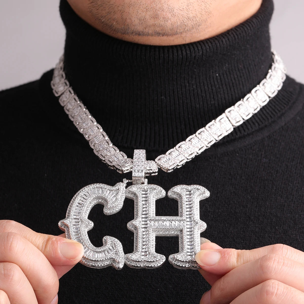 Bubble Letter Customized Name Necklace for Men Baguette Iced Out Cursive Two Layers Hip Hop Jewelry