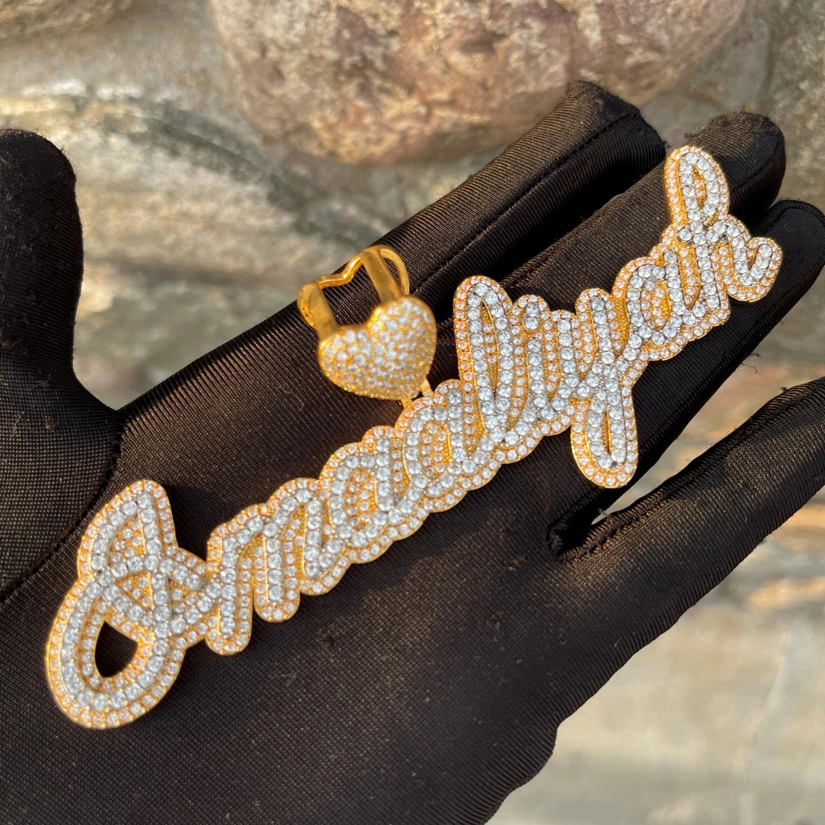 Bubble Letter Two Tone Cursive Custom Name Necklace for Women Real Gold Plated Copper Material Hip Hop Jewelry Heart Bail Charms