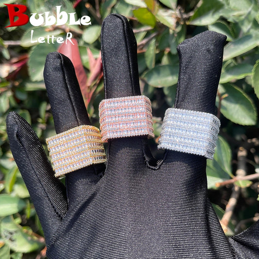 Bubble Letter Iced Out Baguette Rings for Men Real Gold Plated Cubic Zirconia Copper Hip Hop Jewelry