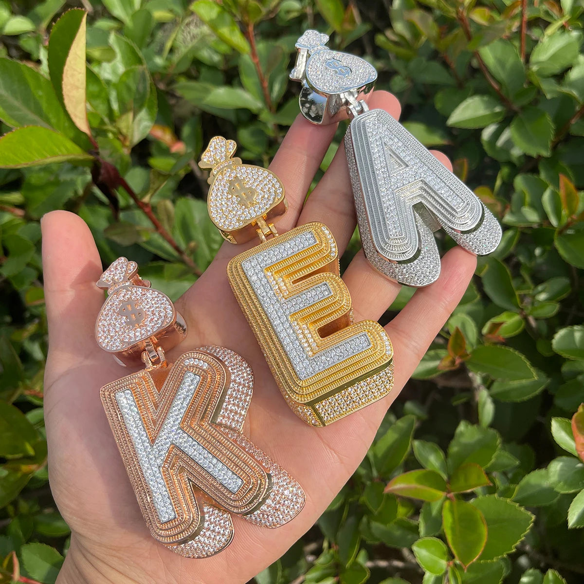 Bubble Letter Prong Setting Pendant Iced Out Initial Necklace for Men Gold Plated Hip Hop Fashion Jewelry Money Bag Bail