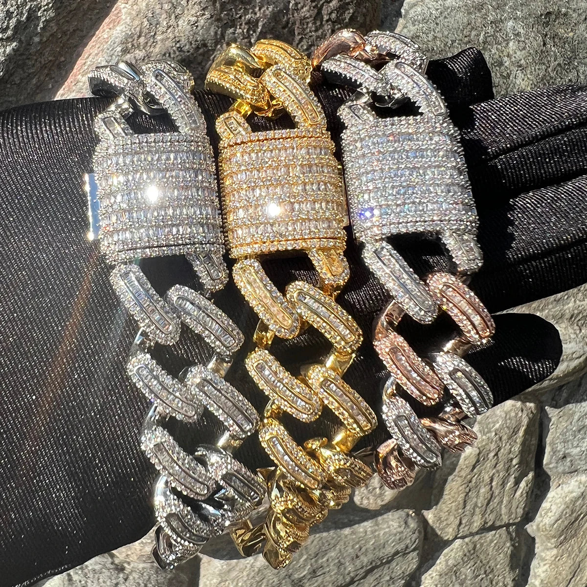 Bubbble Letter Baguette Cuban Link Bracelet forMen Real Gold Plated Micro Pave Prong Setting Copper Cubic Zircon Hip Hop Jewelry