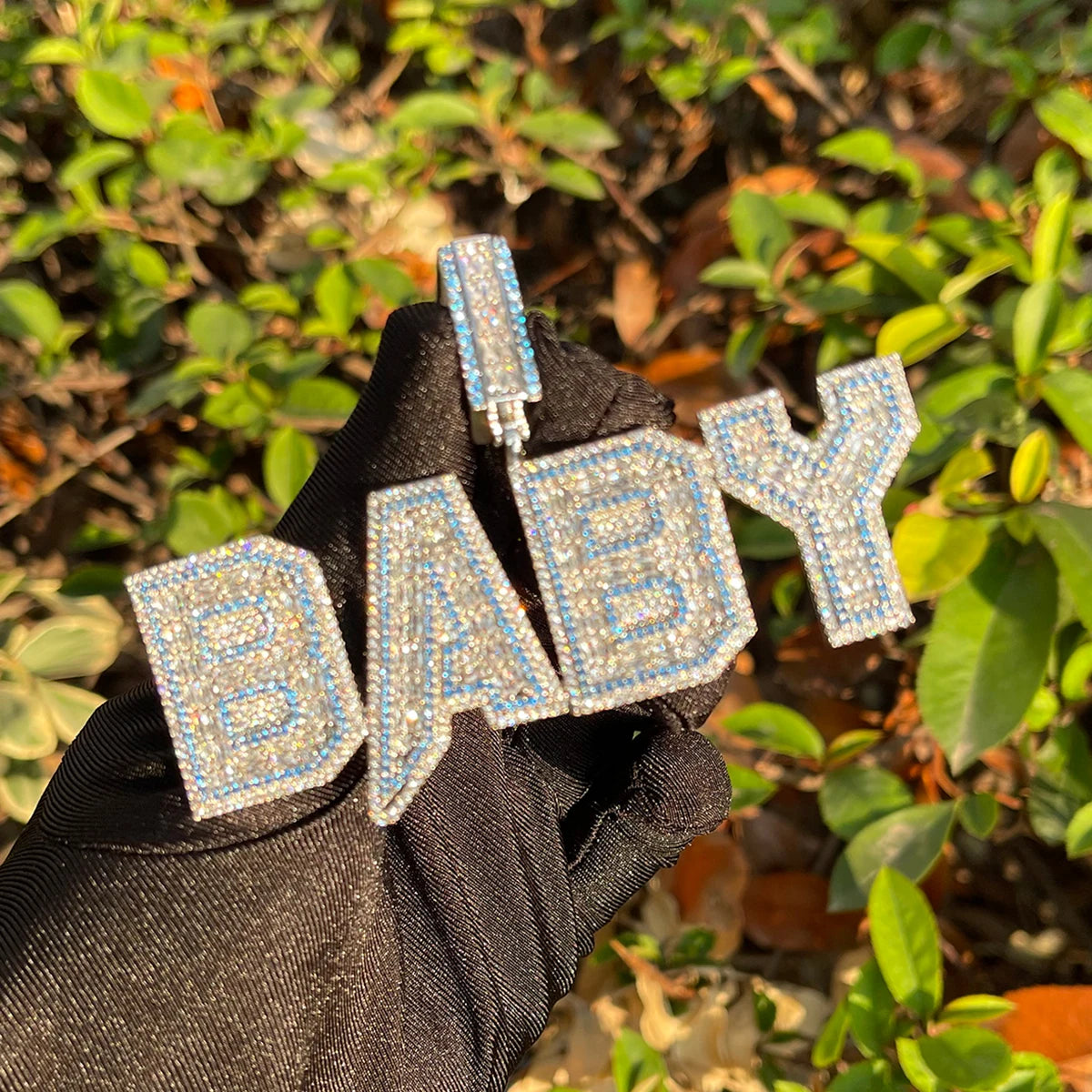 Bubble Letter Iced Out Personalized Pendant Baguette Custom Name Necklace for Women Blue Stones Hip Hop Jewelry