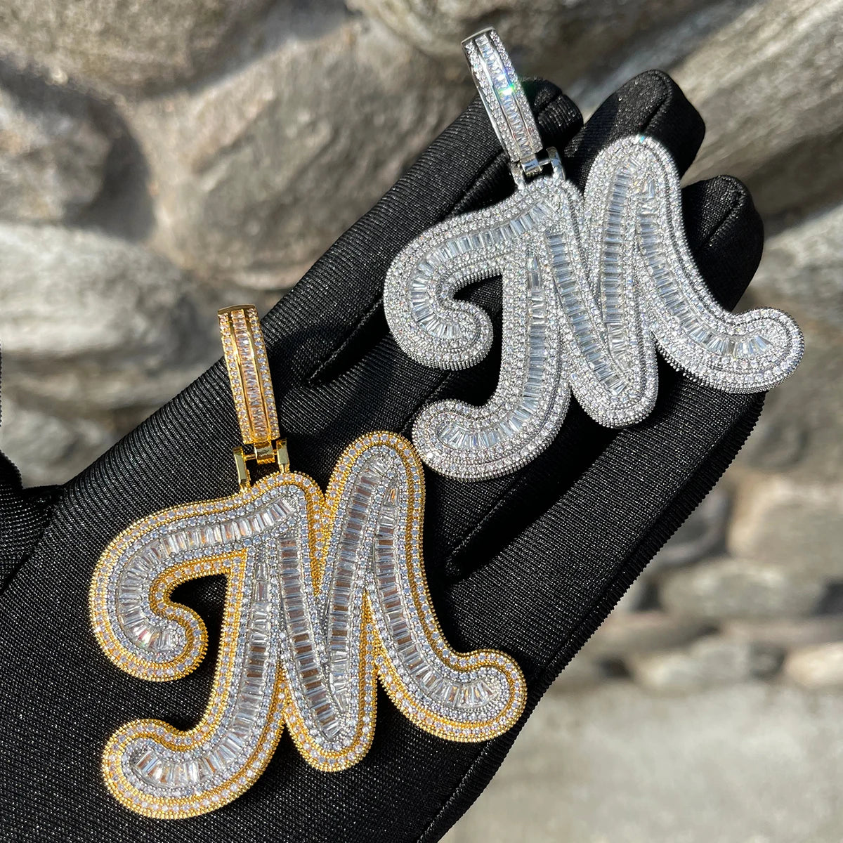 Bubble Letter Cursive Baguette Initial Jewelry Iced Out Prong Setting Pendant Personalized Name Plates Necklace for Women