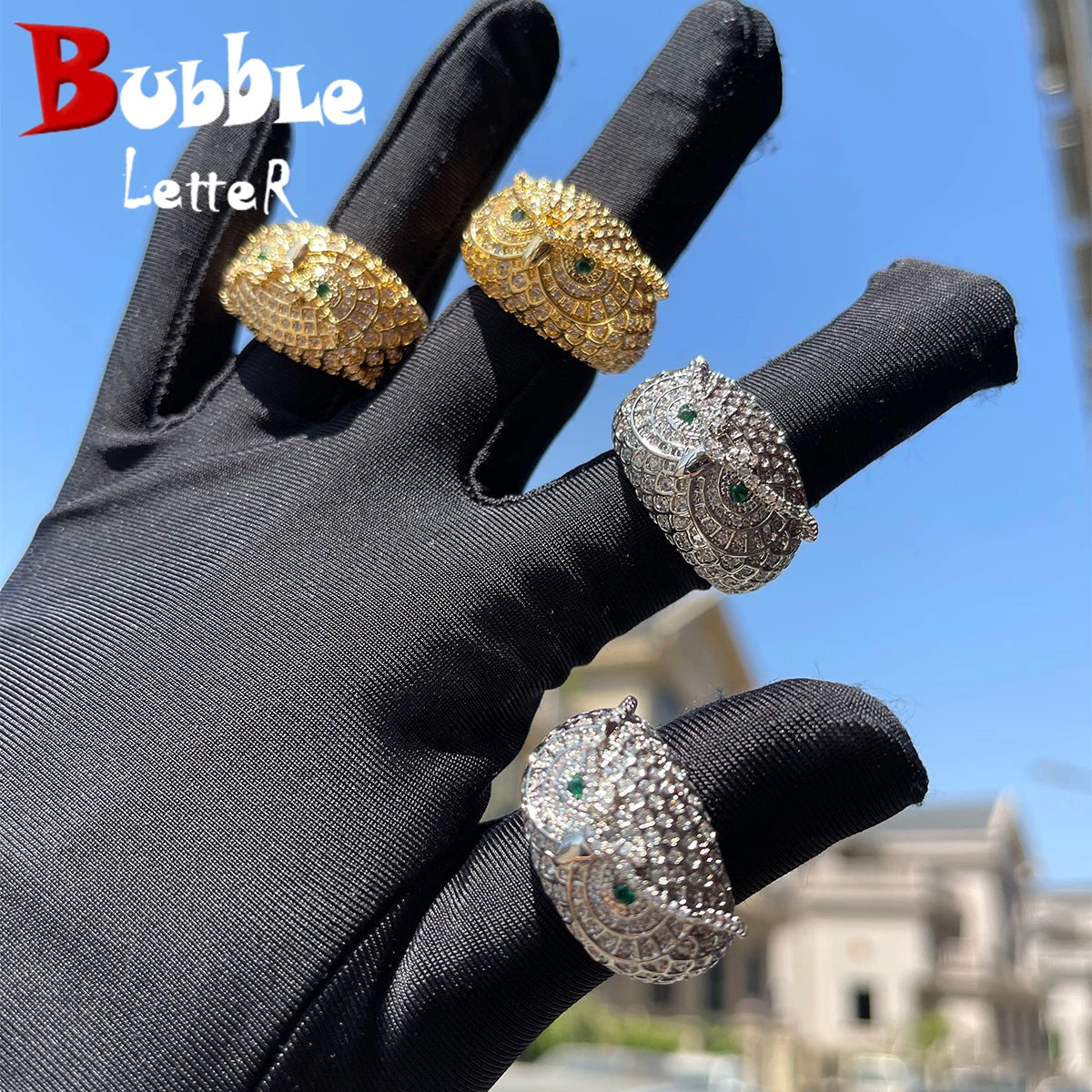 Bubble Letter Owl Ring for Men Real Gold Plated Brass Cubic Zircon Iced Out Charms Hip Hop Jewelry 2022 Trend Best Selling