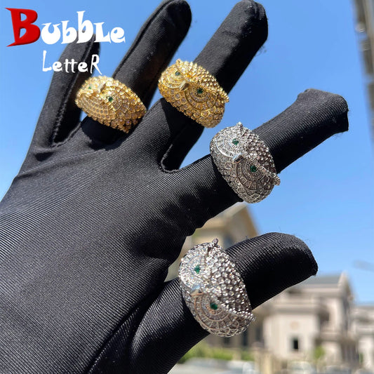 Bubble Letter Owl Ring for Men Real Gold Plated Brass Cubic Zircon Iced Out Charms Hip Hop Jewelry 2022 Trend Best Selling