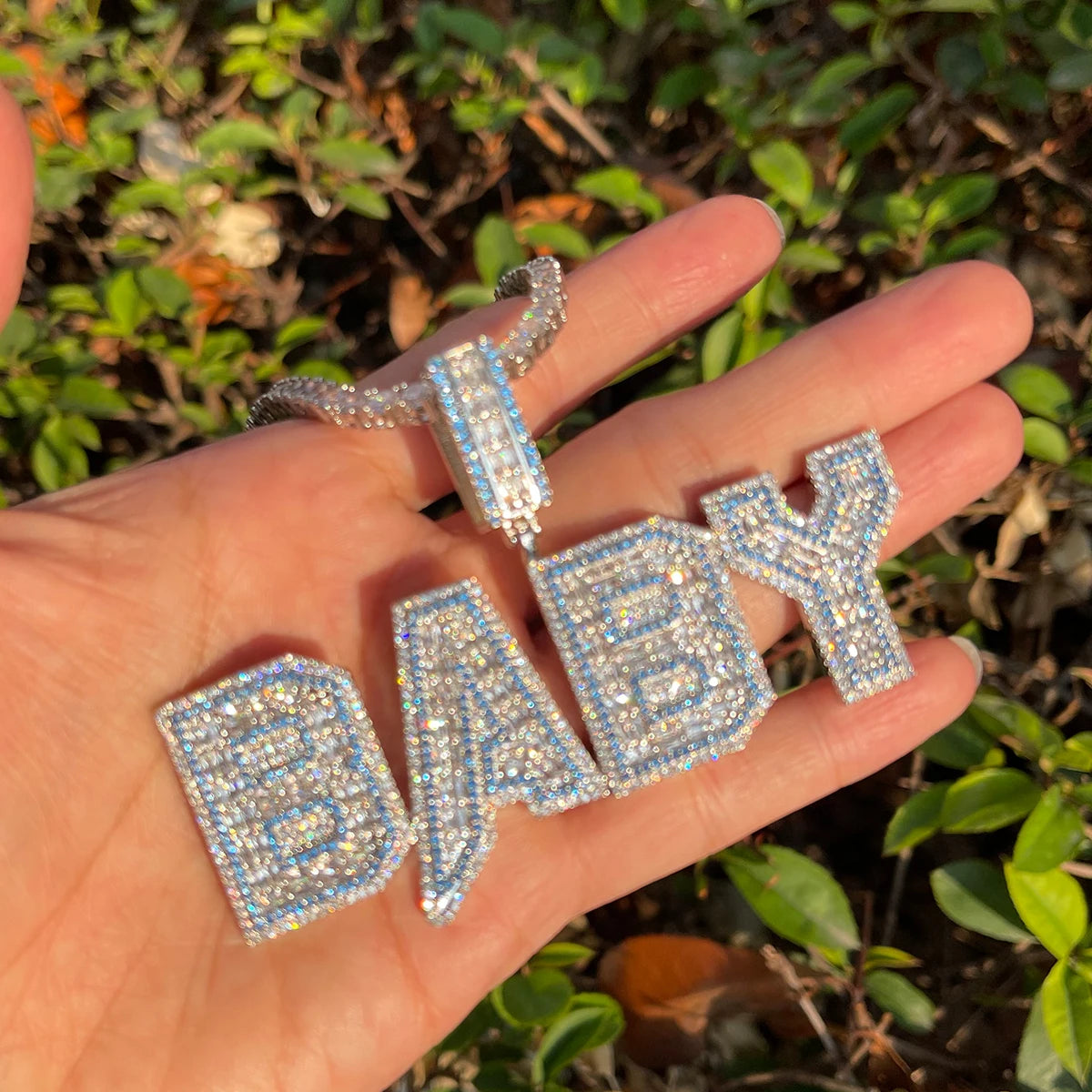 Bubble Letter Iced Out Personalized Pendant Baguette Custom Name Necklace for Women Blue Stones Hip Hop Jewelry