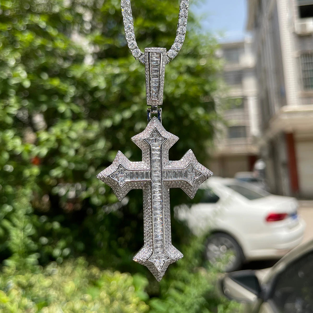 Bubble Letter Iced Out Cross Necklace for Men Prong Setting Real Copper Cubic Zirconia Hip Hop Jewelry Dropshipping Items