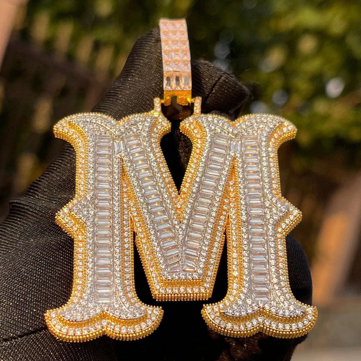 Bubble Letter Initial Necklace Iced Out Pendant Baguette Prong Setting Micro Pave Two Tone Hip Hop Jewelry for Women