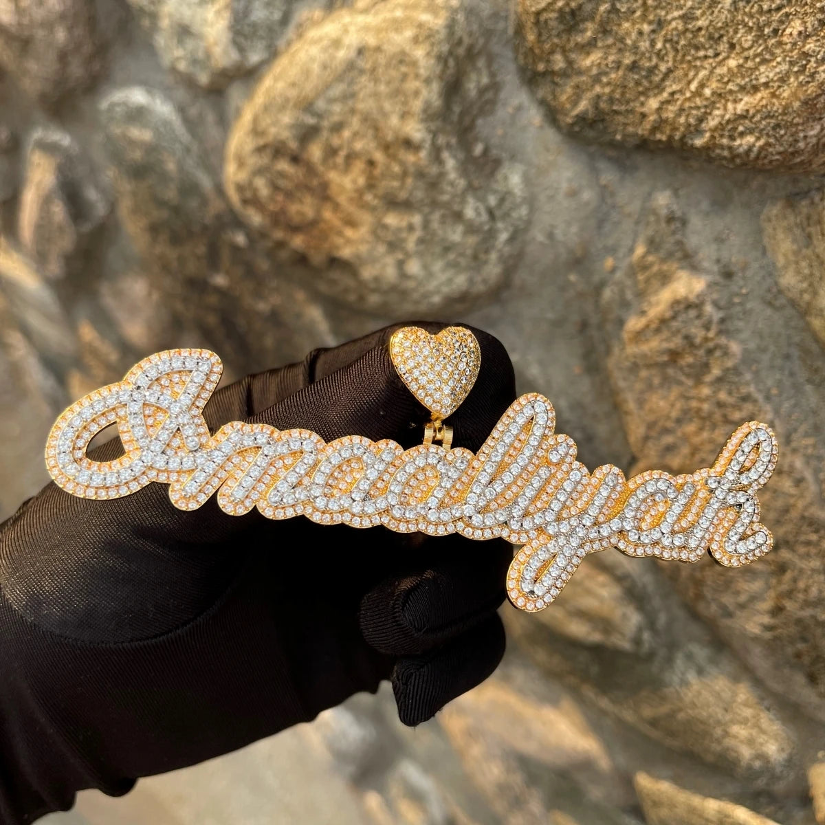 Bubble Letter Two Tone Cursive Custom Name Necklace for Women Real Gold Plated Copper Material Hip Hop Jewelry Heart Bail Charms