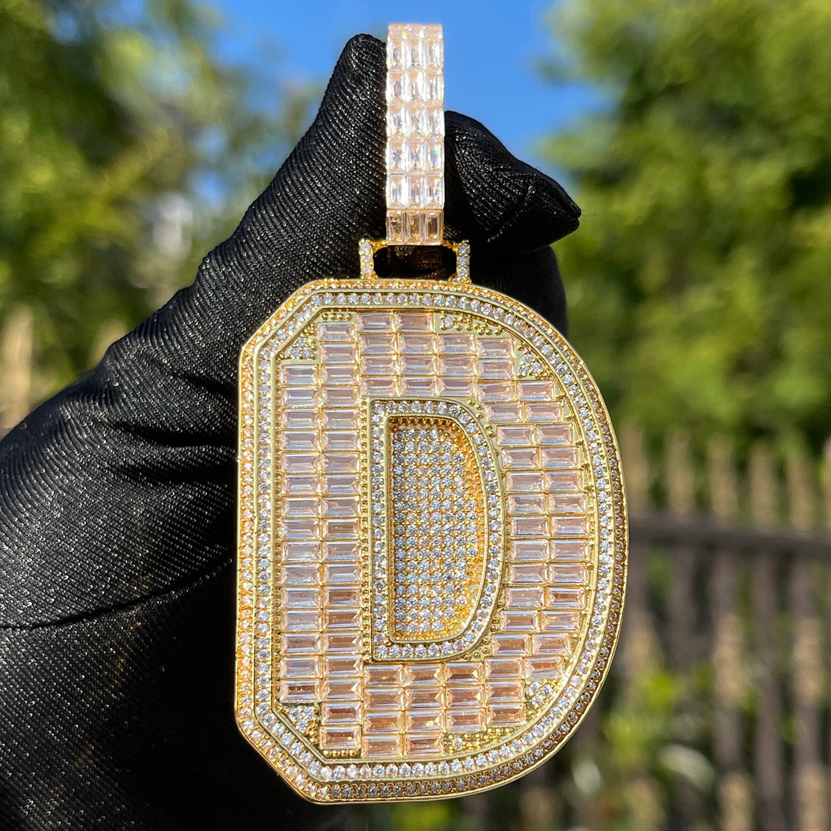 Bubble Letter A~Z Single Baguette Initial Necklace for Men Iced Out Pendant Solid Back Two Layers Charms Bling Hip Hop Jewelry