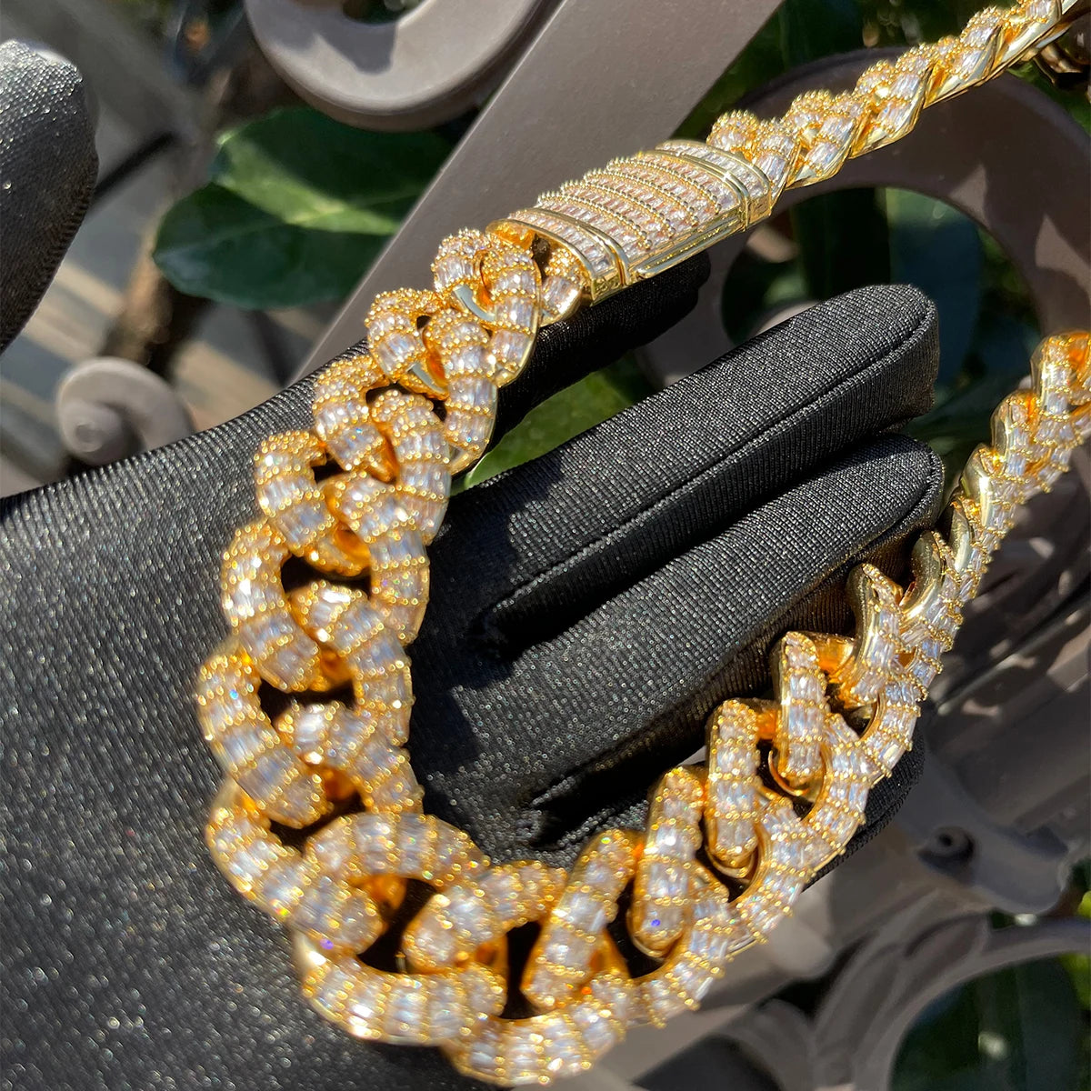 Bubble Letter Baguette Choker Cuban Link Necklace for Men Real Gold Plated Prong Setting Hip Hop Jewelry Rock Street