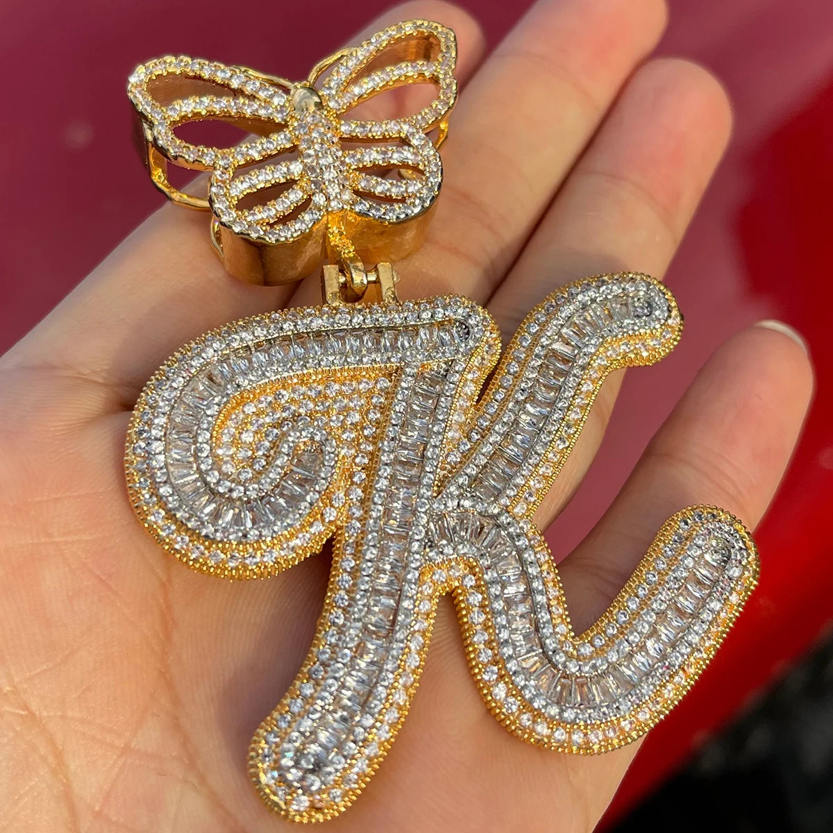 Bubble Letter Initial Necklace for Women Iced Out Baguette Pendant Cursive Prong Setting Butterfly Bail Hip Hop Jewelry