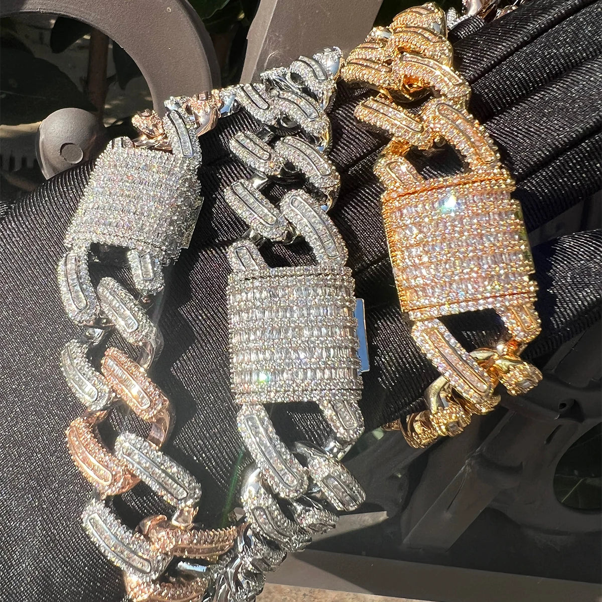 Bubble Letter Miami Cuban Link Chain for Men Baguette Choker Real Copper Prong Setting Micro Pave Hip Hop Jewelry