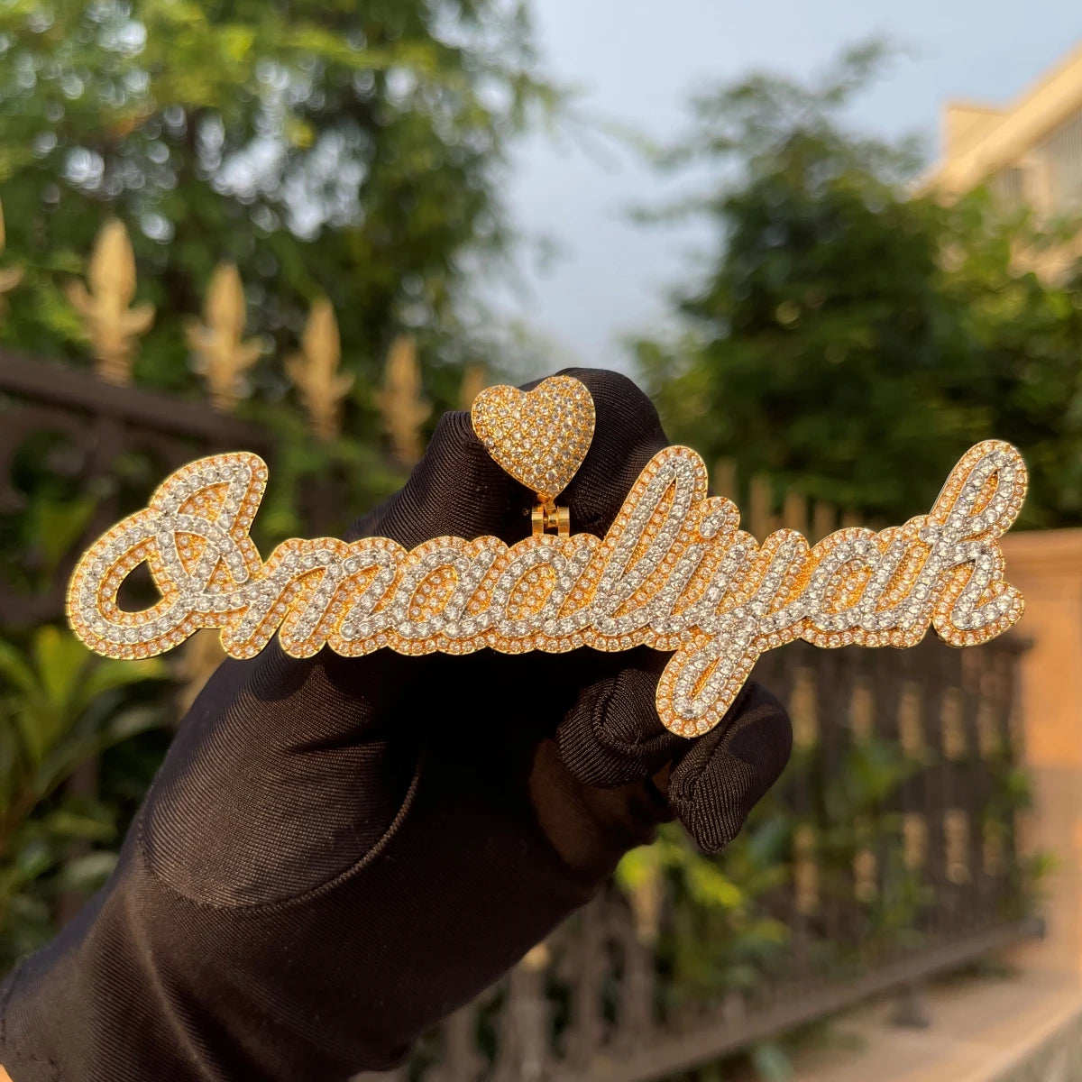 Bubble Letter Two Tone Cursive Custom Name Necklace for Women Real Gold Plated Copper Material Hip Hop Jewelry Heart Bail Charms