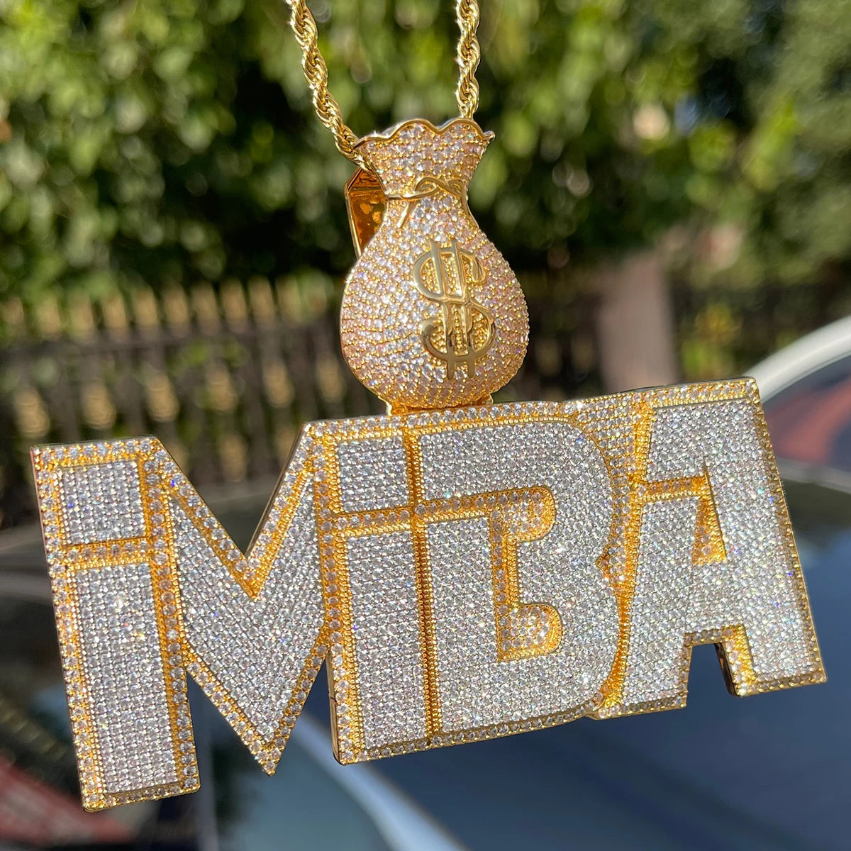 Bubble Letter Customized Pendant Personalized Name Plate Necklace for Men Two Tone Money Bag Bail Prong Setting Hip Hop Jewelry