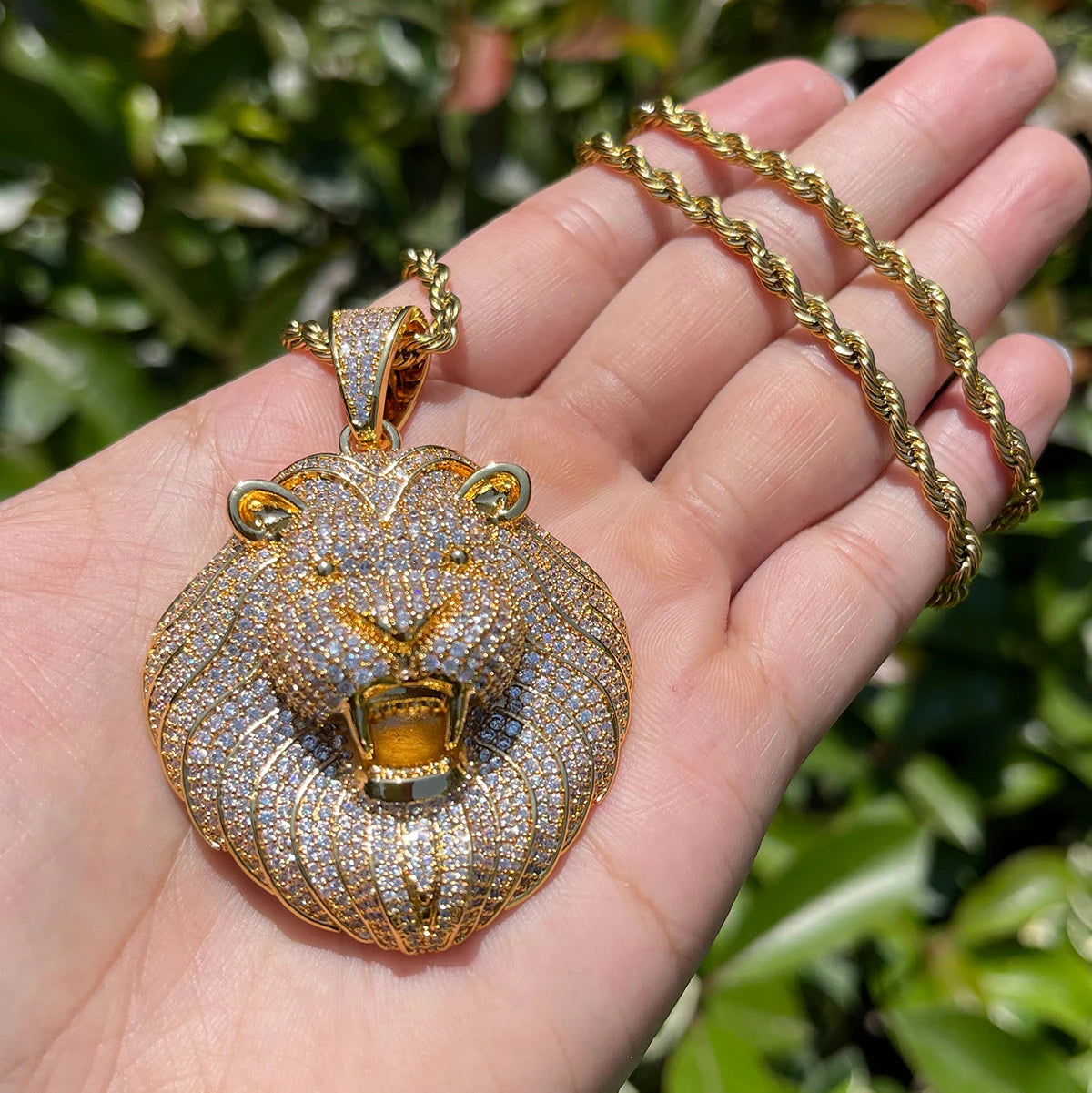 Bubble Letter Iced Out Lion Head Necklace Prong Pendant Cubic Zirconia Real Gold Plated Hip Hop Jewelry