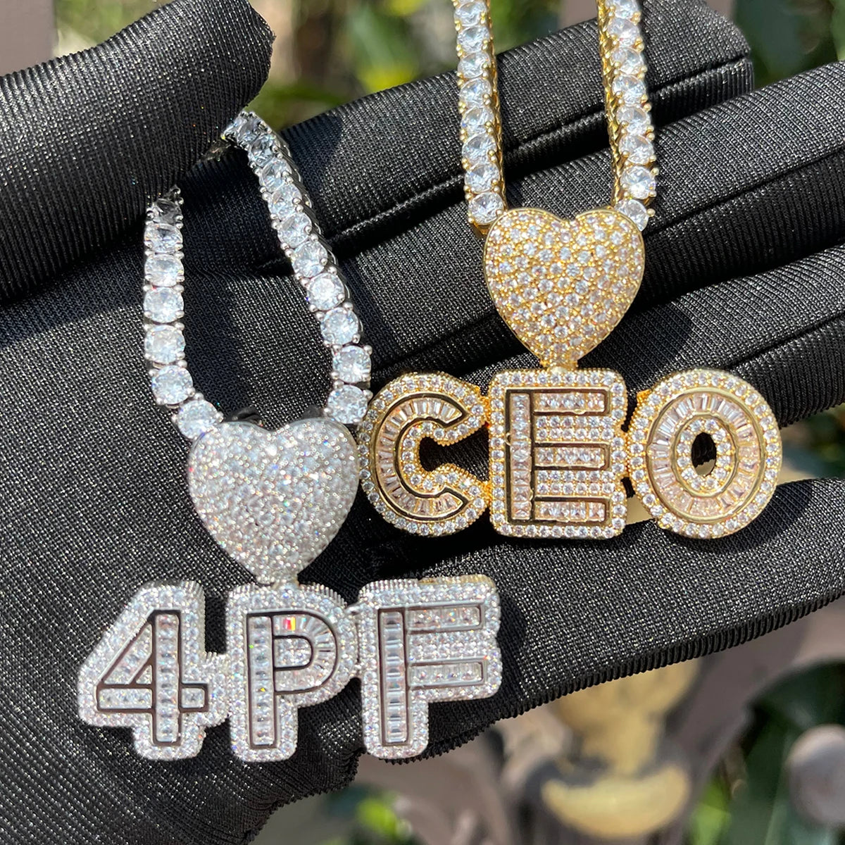 Bubble Letter Small Baguette Custom Name Necklace for Women Iced Out Personalized Pendant Heart Bail Charms Baby Kids Hip Hop Je