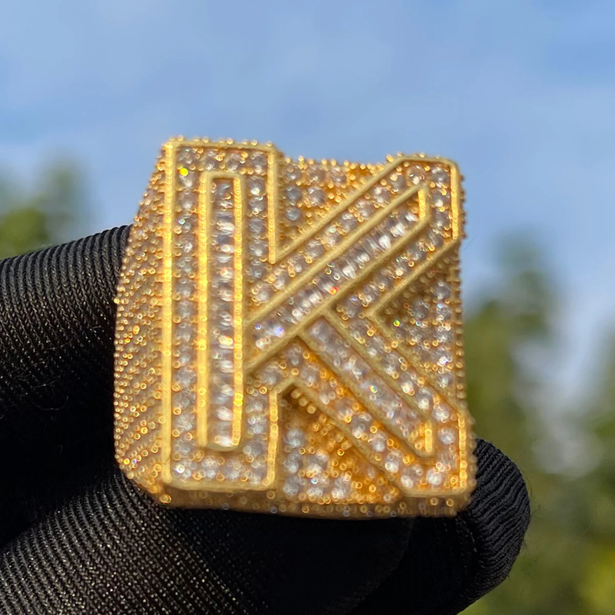 Bubble Letter A~Z Single Baguette Ring for Men Custom Initial Finger Charm Real Gold Plated Micro Pave Hip Hop Rock Street