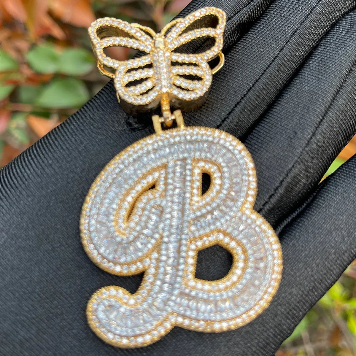 Bubble Letter Initial Necklace for Women Iced Out Baguette Pendant Cursive Prong Setting Butterfly Bail Hip Hop Jewelry