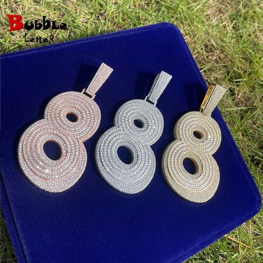 Bubble Letter Iced Out Number 8 Necklace Pendant for Men Prong Setting Real Gold Plated Cubic Zirconia Hip Hop Jewelry