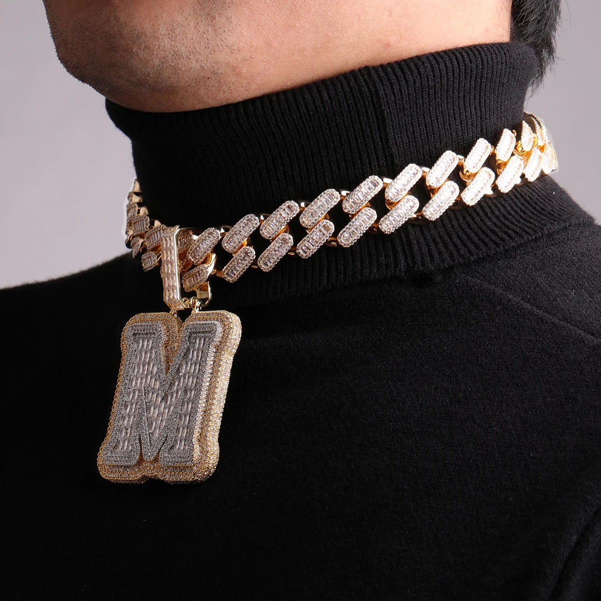 Bubble Letter A~Z Single Baguette Initial Necklace for Men Iced Out Pendant Hip Hop Rock Rapper Jewelry