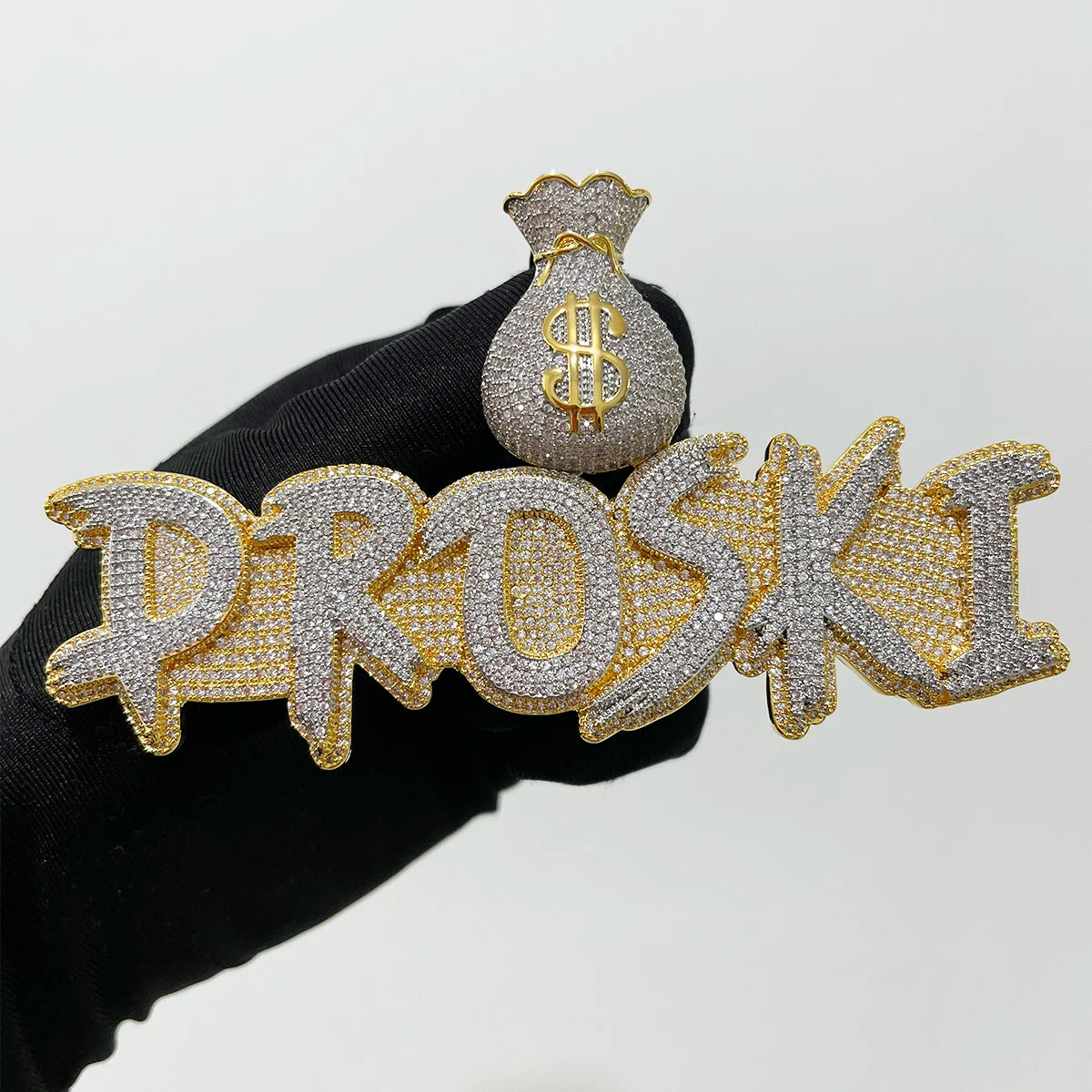 Bubble Letter Jewelry Custom Name Necklace Solid Base Iced Out Personalized Pendants Money Bag Bail  Real Gold Plated Hip Hop